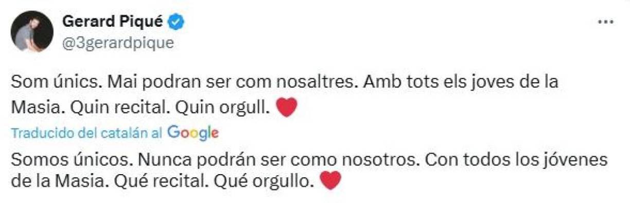 Por otro parte, Gerard Piqué no tardó en reaccionar a la paliza del Barcelona: “Somos únicos. Nunca podrán ser como nosotros. Con todos los jóvenes de la Masia. Qué recital. Qué orgullo”.