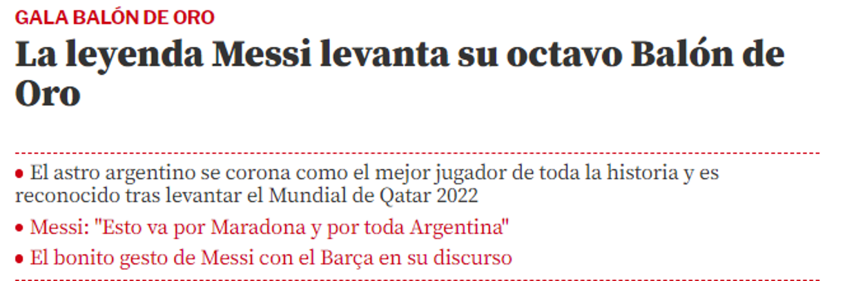 Mundo Deportivo de España: “La leyenda Messi levanta su octavo Balón de Oro”.