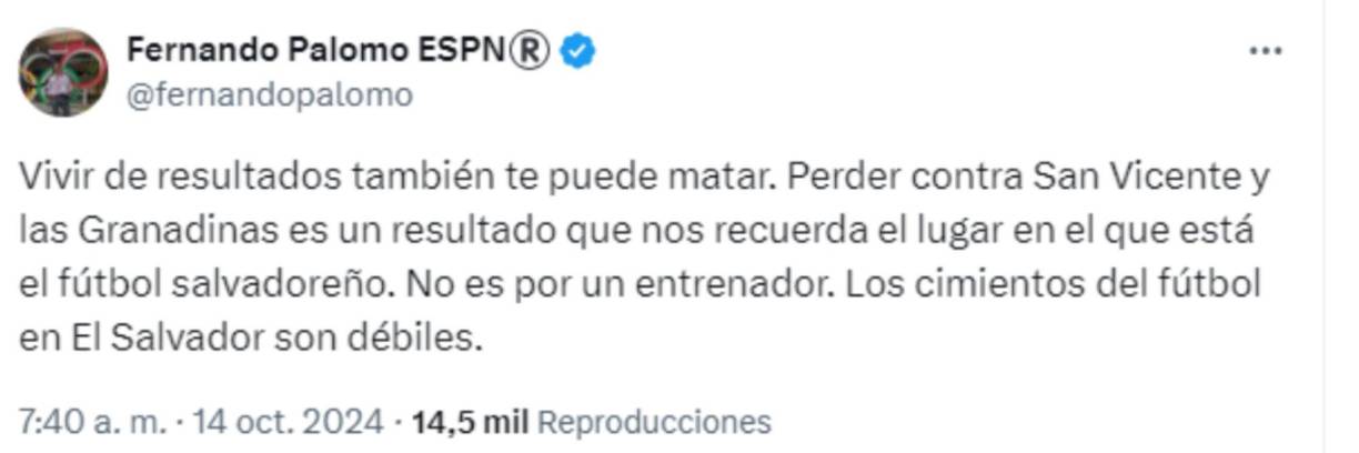 Fernando Palomo, periodista salvadoreño de ESPN, dejó su punto de vista sobre la caída del conjunto centroamericano: “Los cimientos del fútbol en El Salvador son débiles”, reflexionó.