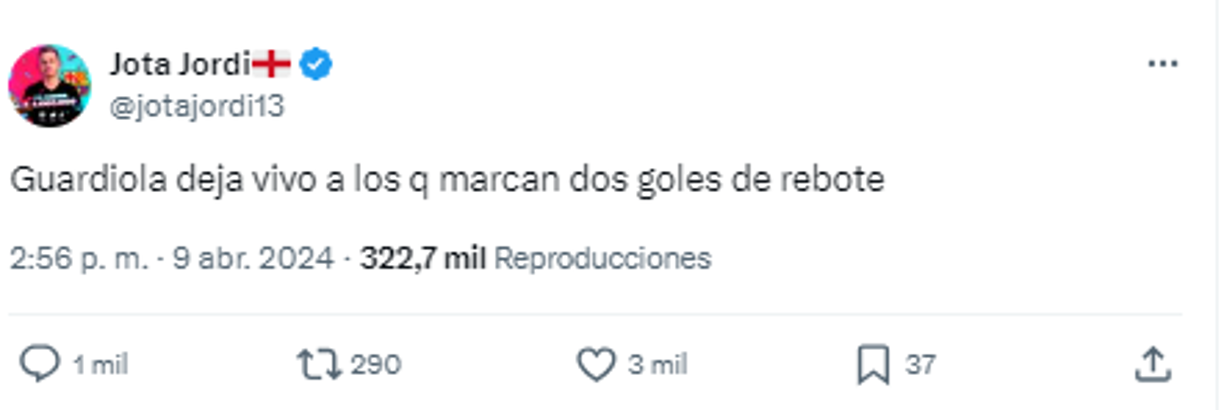 “Guardiola deja vivo a los que marcan dos goles de rebote”, comentó Jota Jordi de El Chiringuito de España.