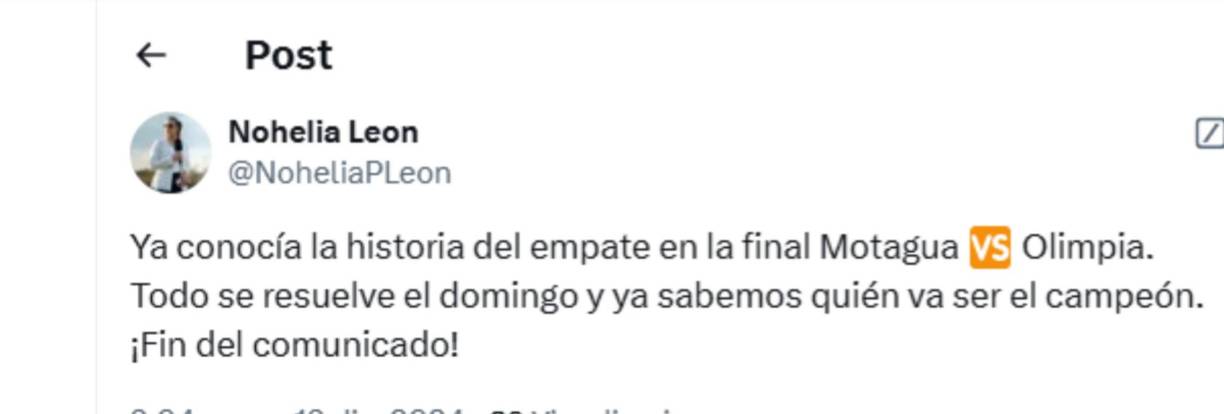 La periodista Nohelia León dio su punto de vista: “Ya conocía la historia del empate en la final. Todo se resuelve el domingo y ya sabemos quién será campeón.”
