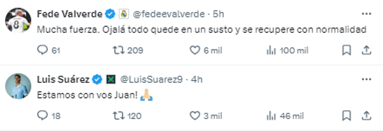 Por su parte, Valverde también respondió el mensaje del Tricolor e indicó: “Mucha fuerza. Ojalá todo quede en un susto y se recupera con normalidad”.