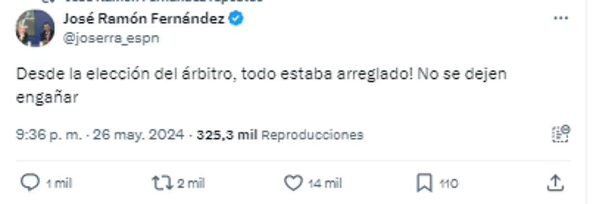 “Desde la elección del árbitro, todo estaba arreglado! No se dejen engañar”, José Ramón Fernández de ESPN.