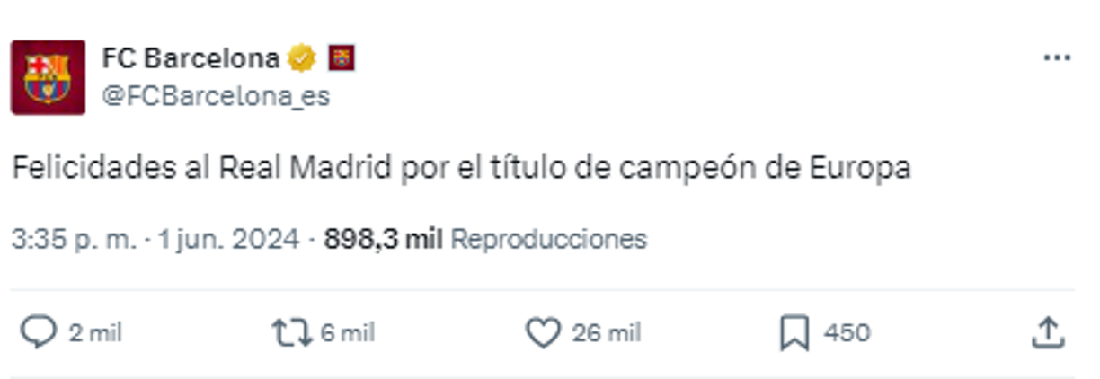 Barcelona se pronunció y dejó un mensaje: “Felicidades al Real Madrid por el título de campeón de Europa”.