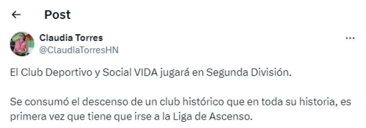 La periodista Claudia Torres dejó su mensaje sobre el descenso del Vida. 