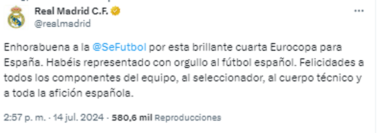 El mensaje del Real Madrid a la Selección de España tras ganar la Euro.