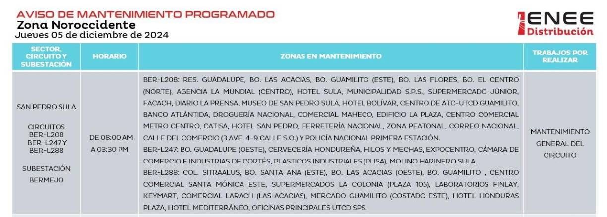 En la zona céntrica de San Pedro Sula también la Enee programó cortes de energía eléctrica: 8:00 am - 3:00 pm. 