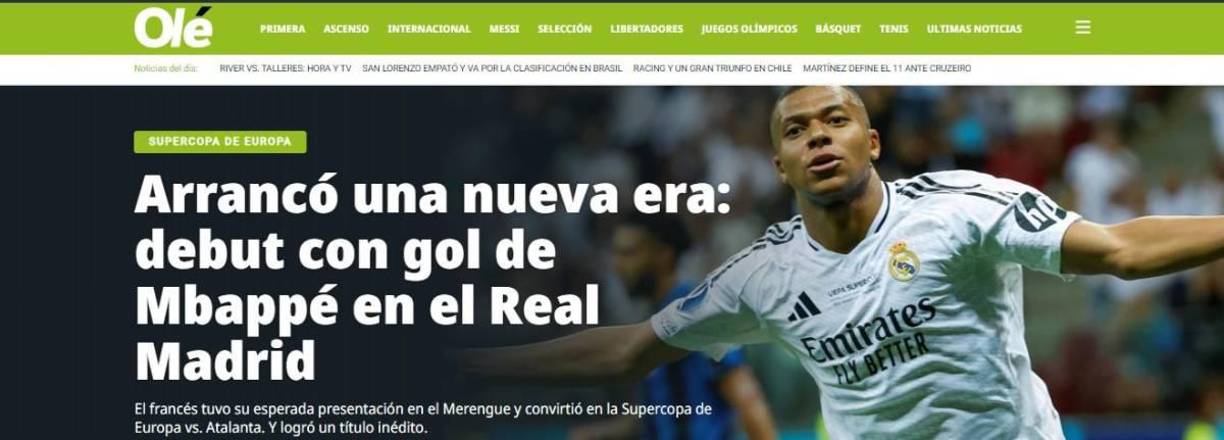 Diario Olé de Argentina: “Arrancó una nueva era: debut con gol de Mbappe en el Real Madrid”