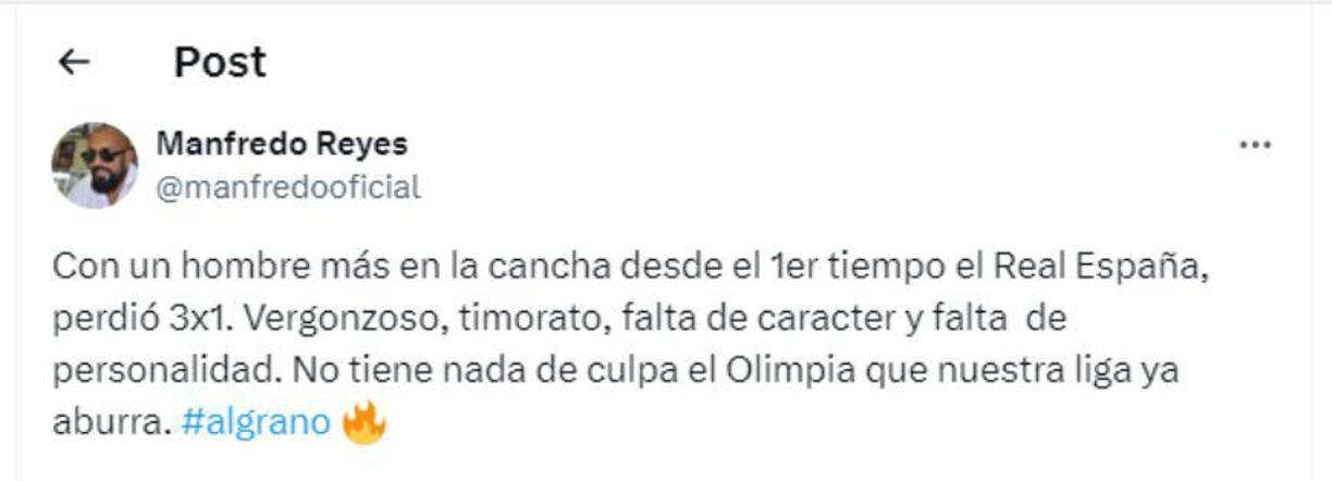 ”No tiene nada de culpa el Olimpia que nuestra Liga ya aburra”, señaló Manfredo Reyes.