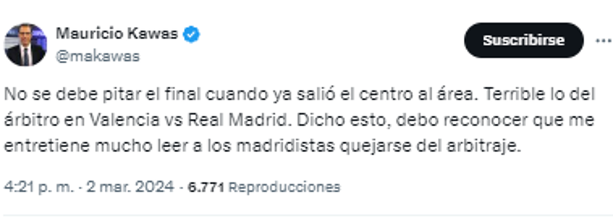 Mauricio Kawas, periodista de Honduras: “No se debe pitar el final cuando ya salió el centro al área. Terrible lo del árbitro en Valencia vs Real Madrid”.