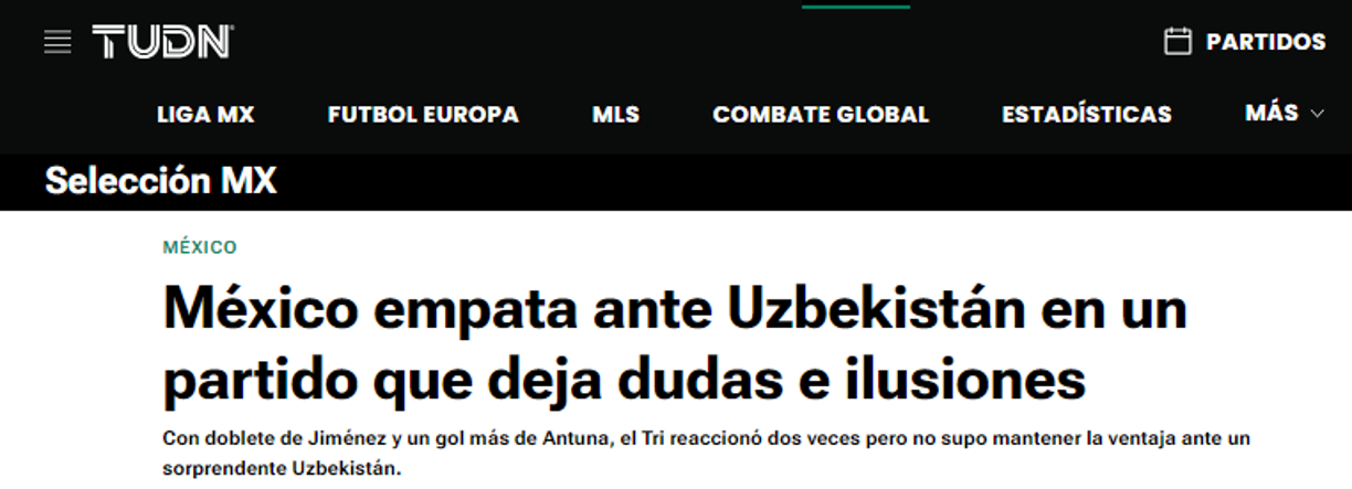TUDN: “México empata ante Uzbekistán en un partido que deja dudas e ilusiones”