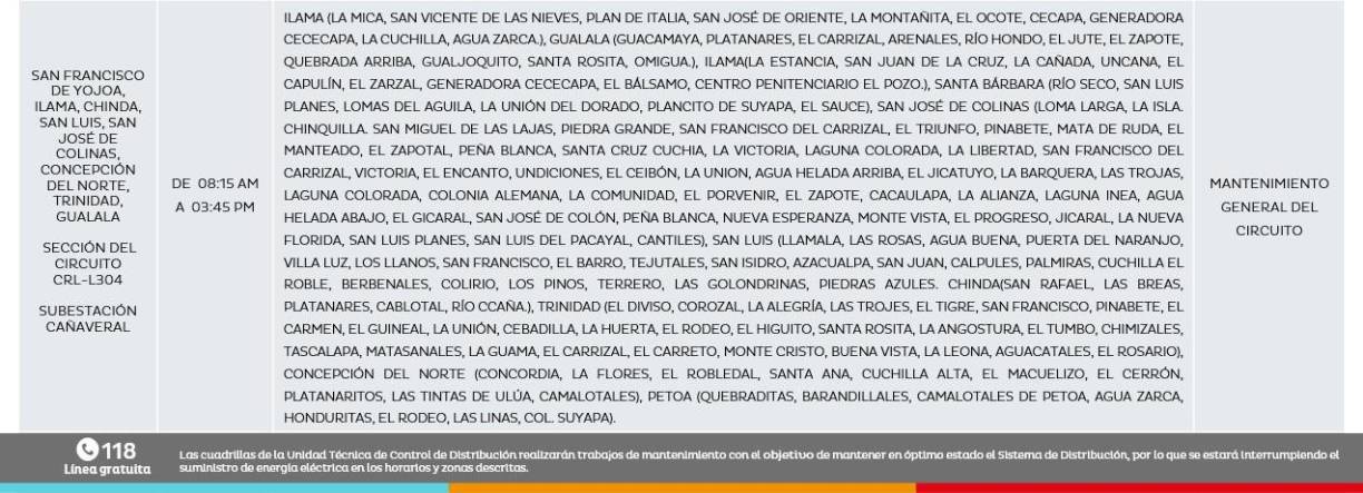Ocho municipios en los departamentos de Cortés y Santa Bárbara estarán sin luz en un horario de 8:15 pm a 3:45 pm. 