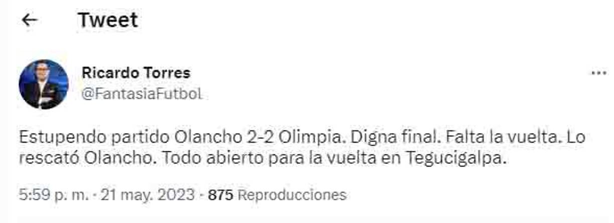 Ricardo Torres: “Estupendo partido. Digna final, falta la vuelta.”