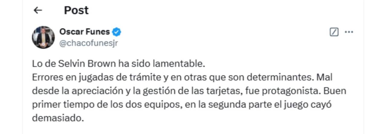 El trabajo del árbitro central Selvin Brown ha sido cuestionado ya que tuvo varios errores en la final de ida entre Motagua y Olimpia.