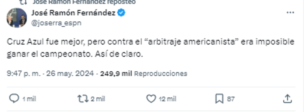 Y agregó: “Cruz Azul fue mejor, pero contra el “arbitraje americanista” era imposible ganar el campeonato. Así de claro”.