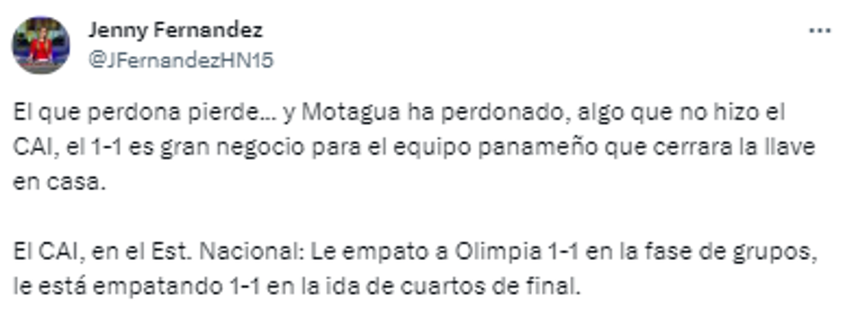”El que perdona pierde... y Motagua ha perdonado, algo que no hizo el CAI”, comentó Jenni Fernández tras el empate.