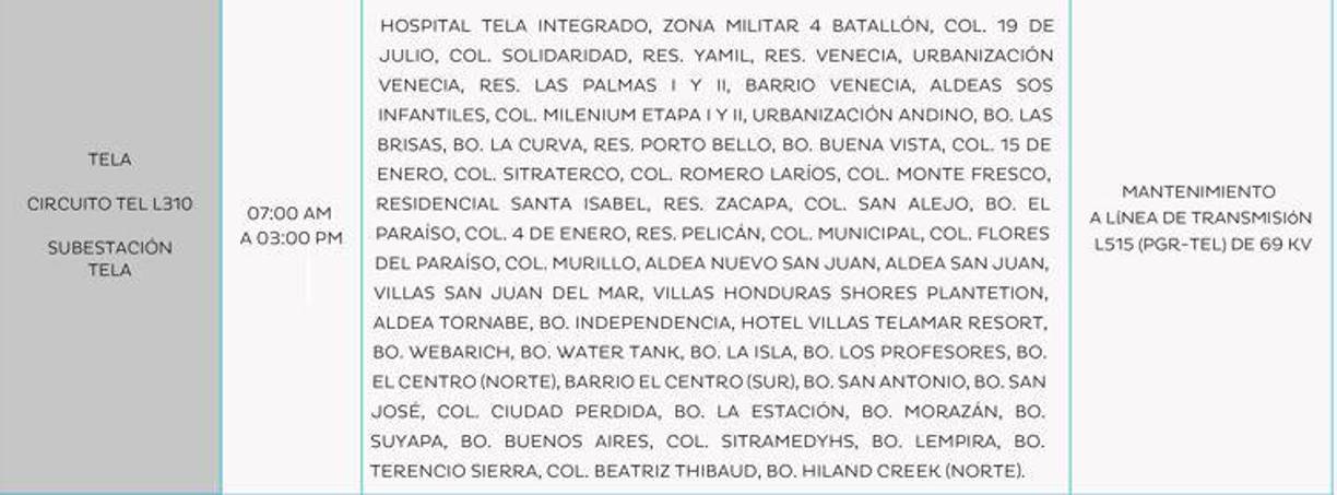 Zonas de Tela, Atlántida sin luz este domingo entre 7:00 a. m. y 3:00 p. m. 
