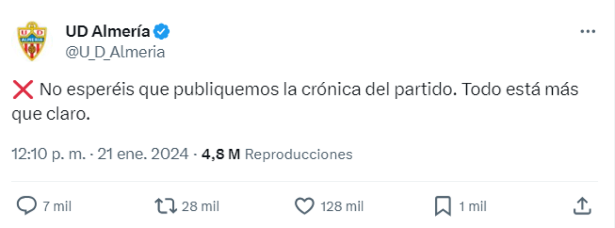 La polémica publicación del Almería en su cuenta de X tras la derrota: “No esperan que publiquemos la crónica del partido. Todo está más que claro”. La entidad se sintió estafada en el Bernabéu.