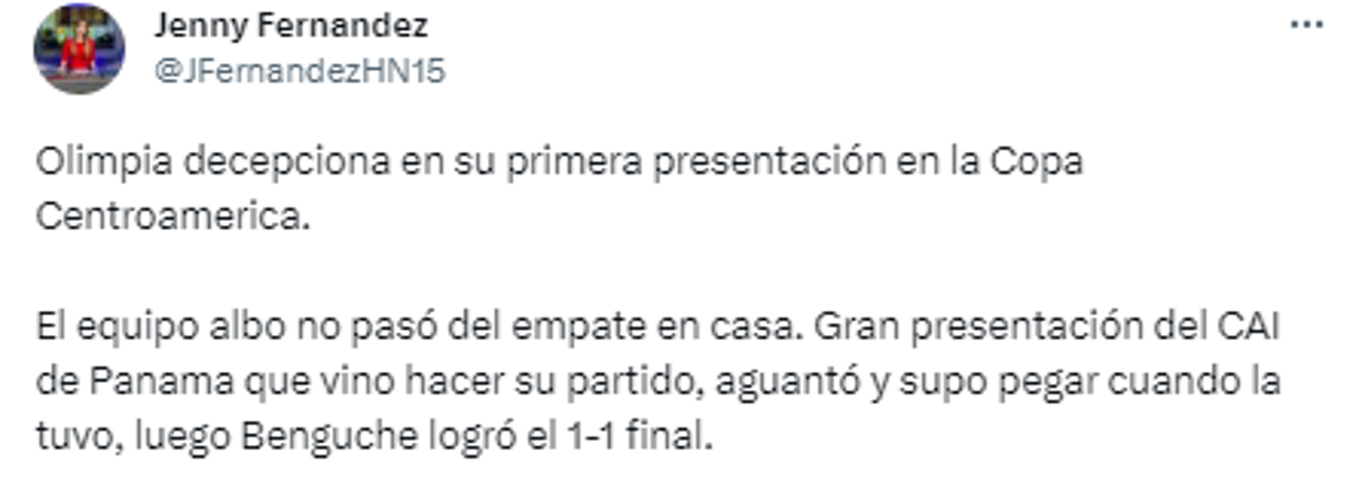 Jenny Fernández de Diario DIEZ: “Olimpia decepciona en su primera presentación en la Copa Centroamericana”.