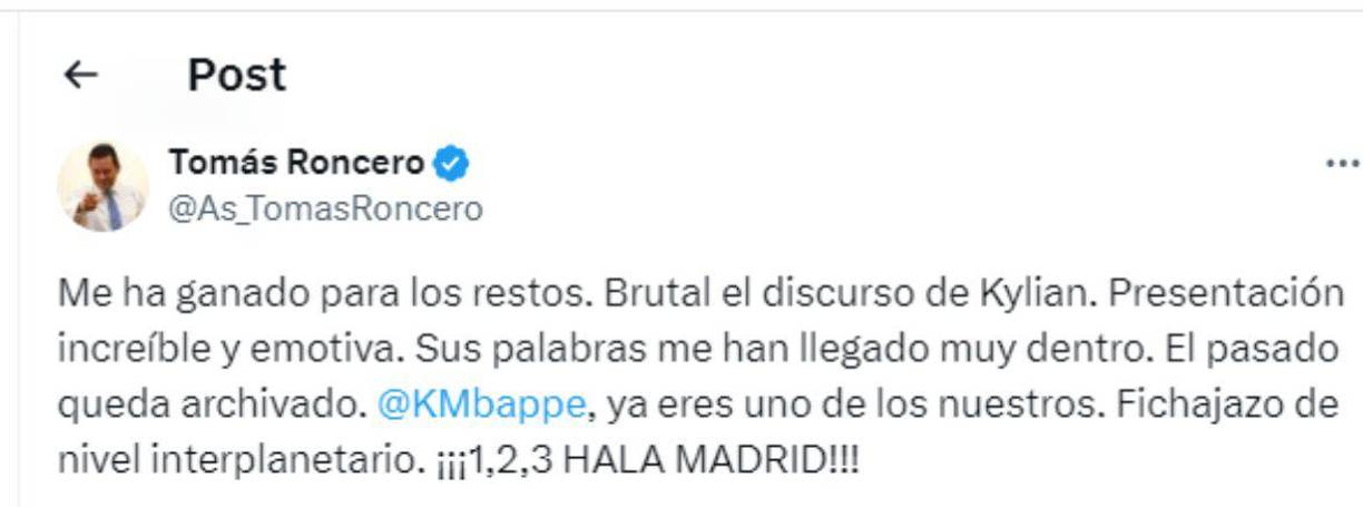 El periodista Tomás Roncero expresó su emoción por lo que hizo Mbappé en su presentación como jugador del Real Madrid.