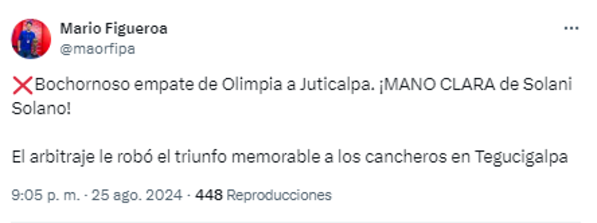 “Bochornoso empate de Olimpia a Juticalpa. El arbitraje le robó el triunfo memorable a los cancheros en Tegucigalpa”, comentó Mario Figueroa, periodista de Diario DIEZ.