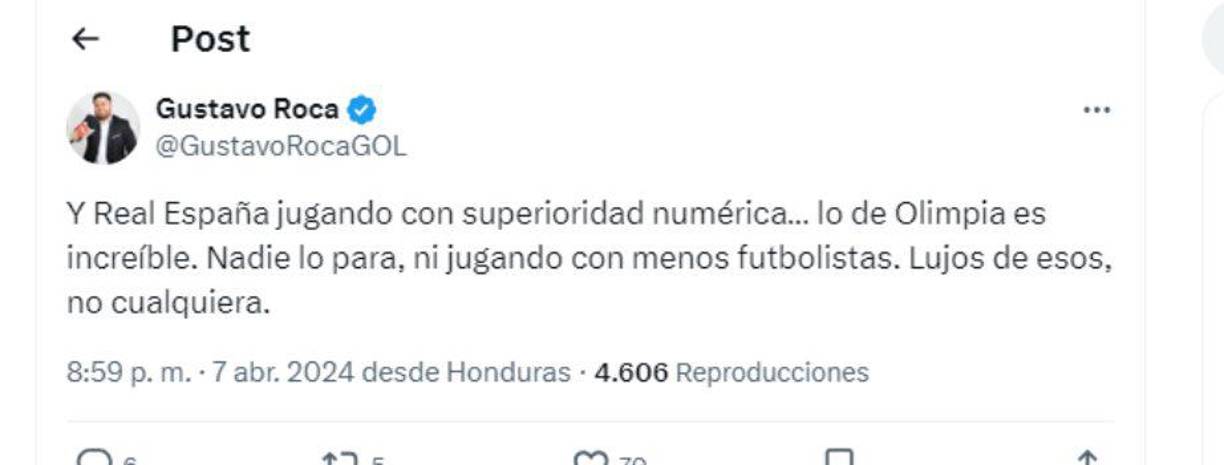 ”Lo del Olimpia es increíble. Nadie lo para, ni jugando con menos futbolistas”, señaló Gustavo Roca.