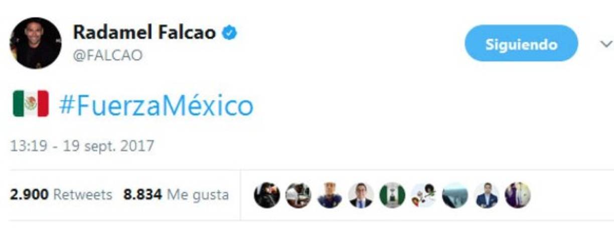 El colombiano Radamel Falcao y su mensaje de apoyo para los mexicanos.