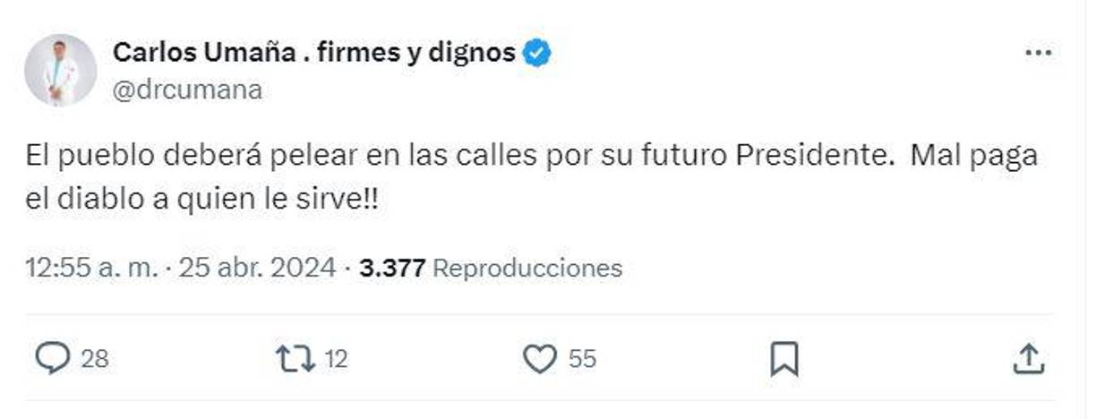 Carlos Umaña, diputado del PSH, aseguró que la única vía que queda es lanzarse a las calles a protestar. 