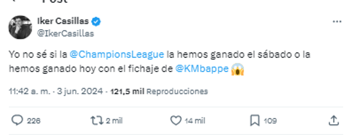 “Yo no sé si la Champions League la hemos ganado el sábado o la hemos ganado hoy con el fichaje de Mbappé”, comentó el exjugador del Real Madrid, Iker Casillas.