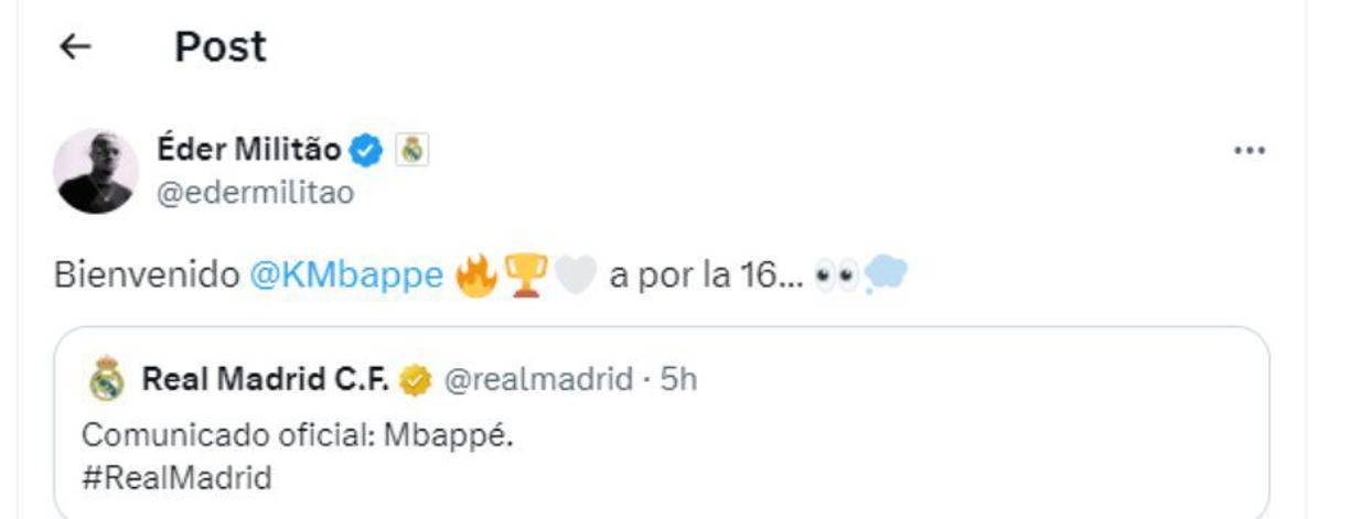 Éder Gabriel Militão: El defensor brasileño dejó un mensaje de bienvenida para Mbappé y señaló que van por la Champions League 16 de su historia. 