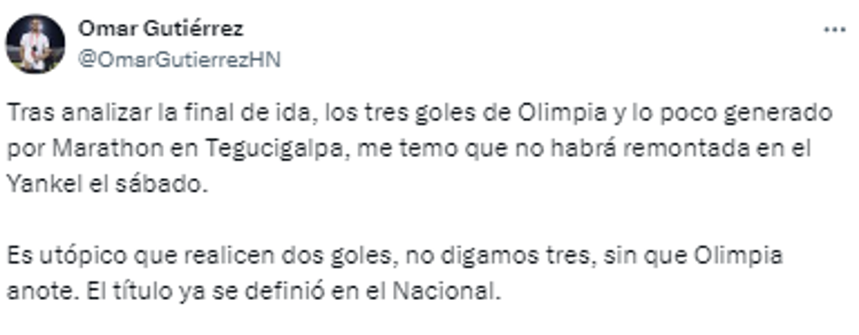 “Es utópico que realicen dos goles, no digamos tres, sin que Olimpia anote. El título ya se definió en el Nacional”, opinó Omar Gutiérrez de Diario DIEZ.