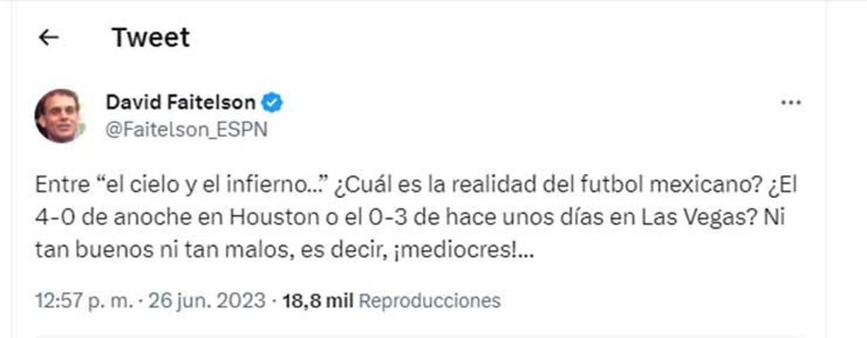 Faitelson indicó que los jugadores mexicanos son “mediocres” ya que no se le olvida el 3-0 sufrido ante Estados Unidos en las semifinales de la Nations League de Concacaf.
