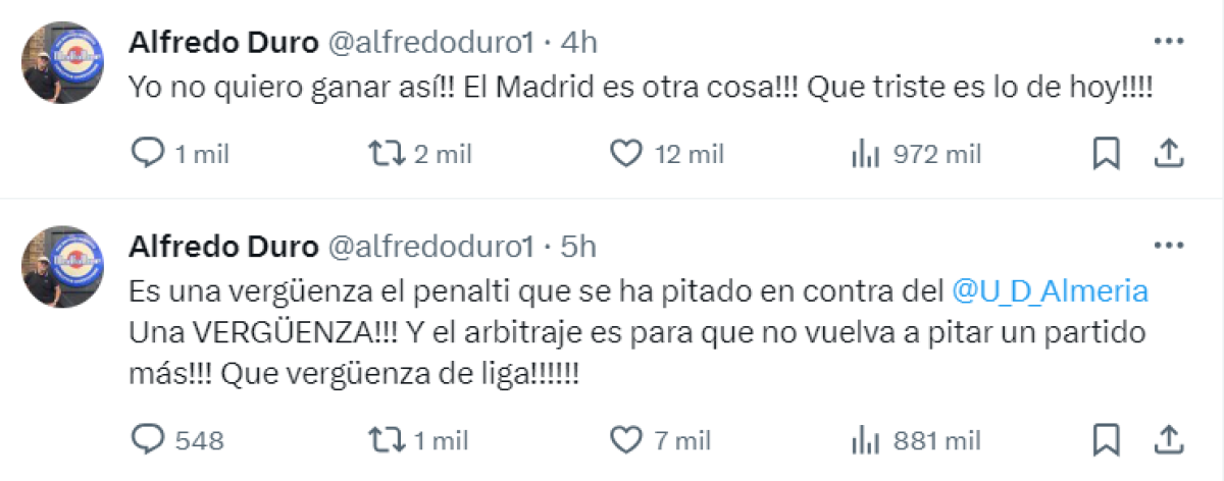 Alfredo Duro, periodista y colaborador de El Chiringuito, es un ferviente hincha del Real Madrid, aunque reconoce que su equipo ganó con controversia arbitral. “Qué triste es lo de hoy”, dijo.