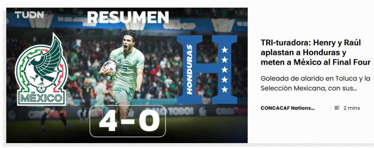 TUDN: ”TRI-turadora: Henry y Raúl aplastan a Honduras y meten a México a la Final Four”