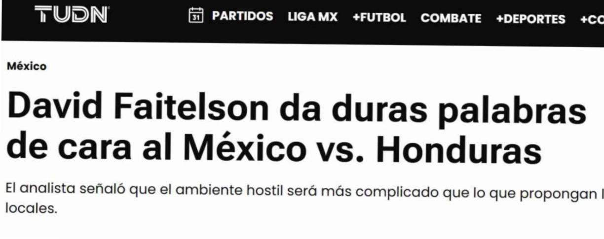 Así colocó TUDN el encabezado sobre el análisis de David Faitelson previo al Honduras vs México.