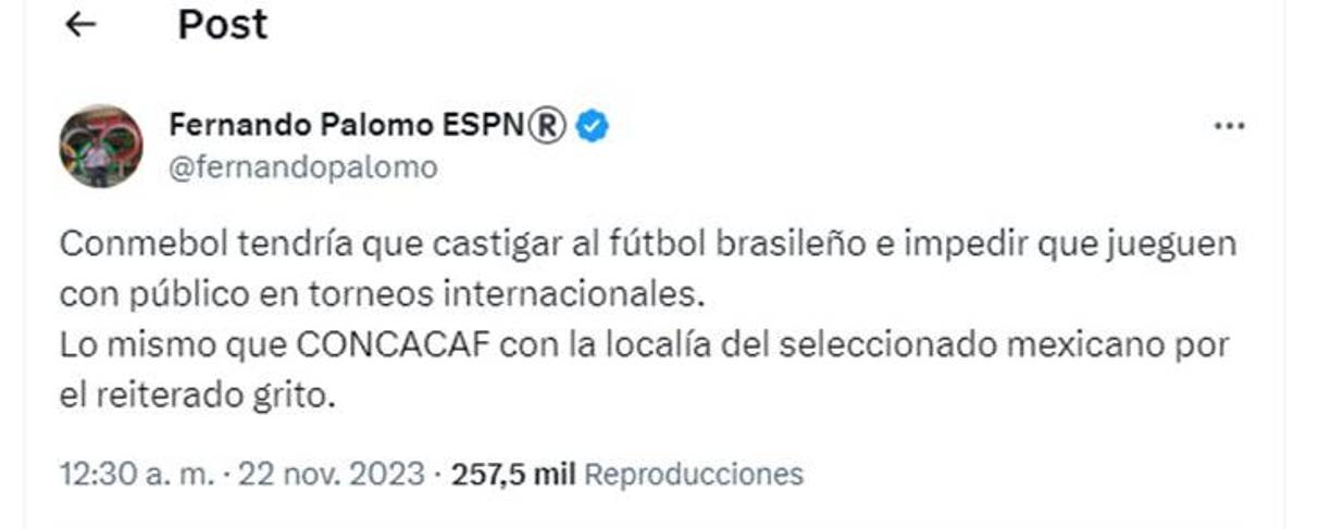 Fernando Palomo señaló que Concacaf debería de castigar a México ya que se escucharon gritos homofóbicos contra el portero hondureño Edrick Menjívar. 