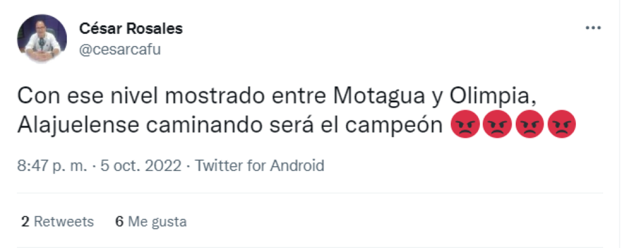 “Con ese nivel mostrado entre Motagua y Olimpia, Alajuelense caminando será el campeón”, señaló el comentarista deportivo César Rosales.