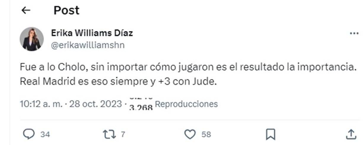 La periodista hondureña Erika Williams ha generó diversos comentarios en sus redes sociales luego de haber señalado que el triunfo del Real Madrid “fue a lo Cholo.” Algunos madridistas le respondieron.