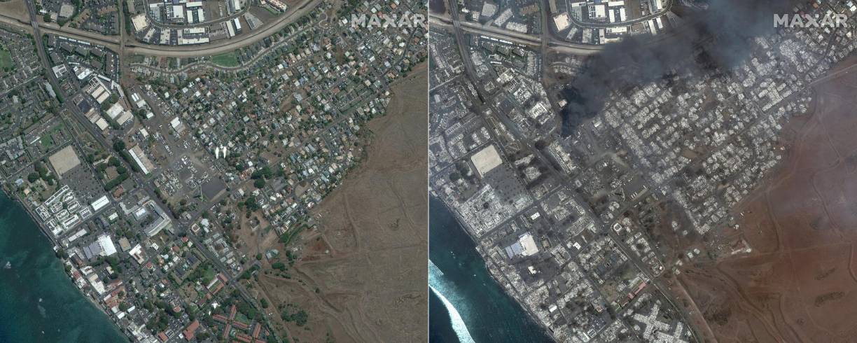 Imágenes difundidas en las redes sociales muestran las brasas destruyendo esta localidad turística, densas columnas de humo tiñendo el cielo de negro y varios barcos atracados en Lahaina también en llamas. 