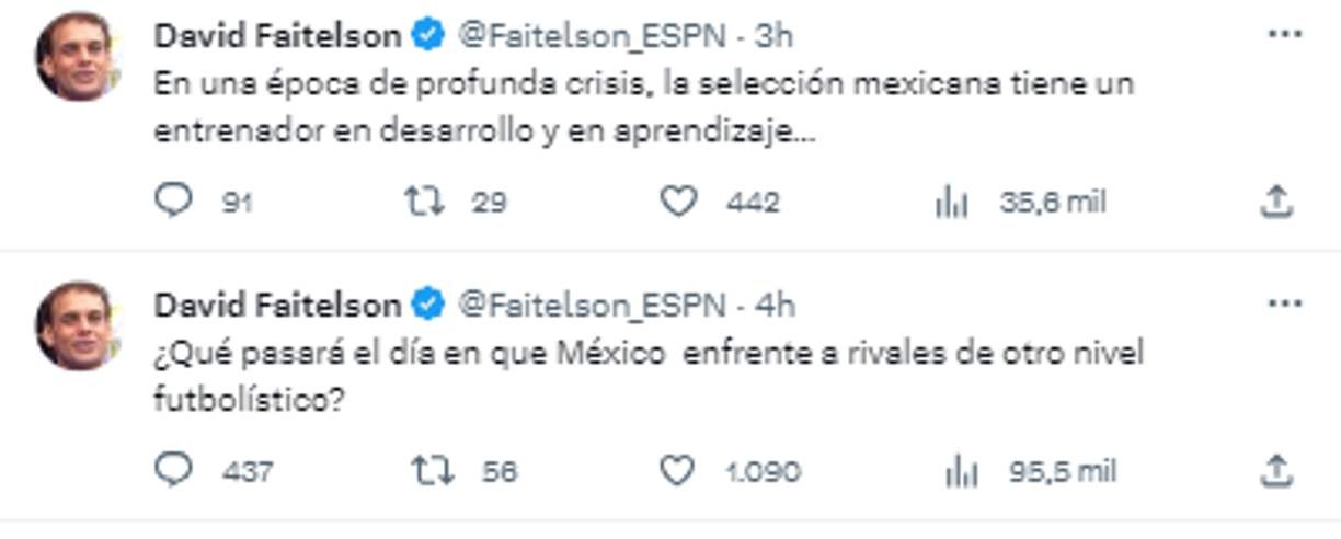 Sin embargo, la cosa no quedó ahí y Faitelson siguió con la lluvia de comentarios: ¿Qué pasará el día en que México enfrente a rivales de otro nivel futbolístico”. 