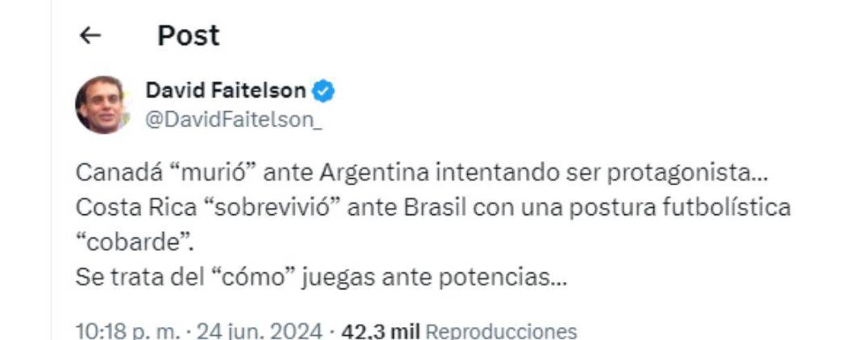 “Canadá “murió” ante Argentina intentando ser protagonista... Costa Rica “sobrevivió” ante Brasil con una postura futbolística “cobarde”. Se trata del “cómo” juegas ante potencia”, remató Faitelson en un polémico mensaje en donde se lleva de encuentro a los ticos.