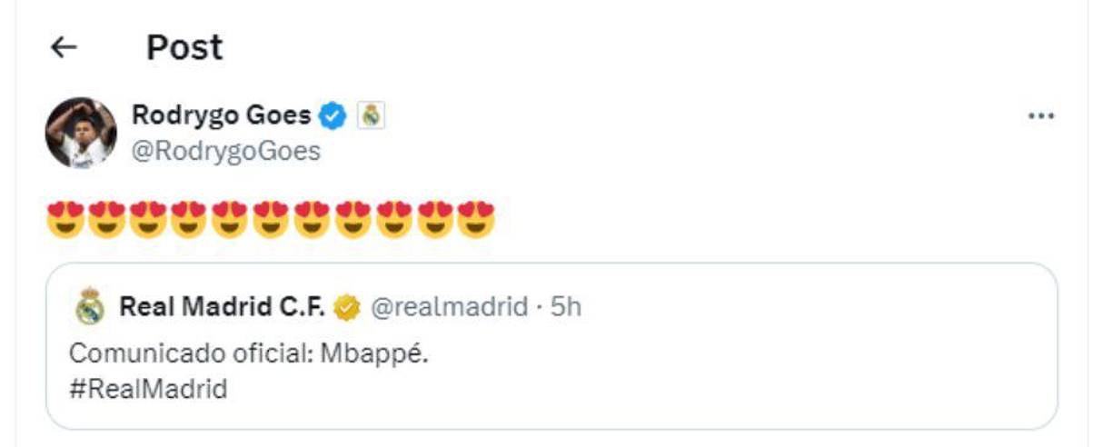 El brasileño Rodrygo optó por los emojis tras el comunicado del Real Madrid sobre Mbappé. 