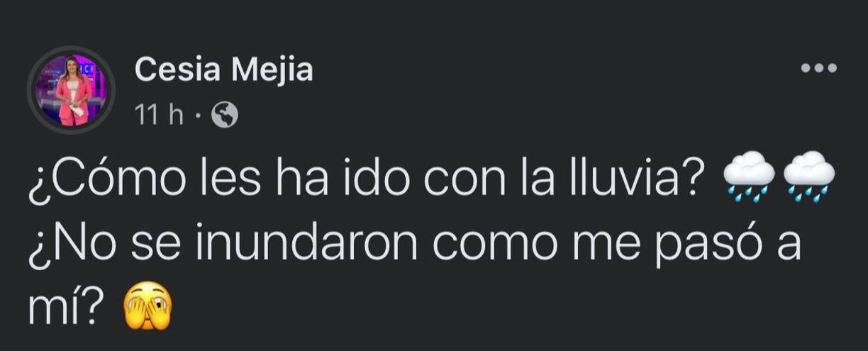 Posteriormente en su cuenta de Facebook bromeó con sus seguidores sobre la situación, publicó: “Cómo les ha ido con la lluvia? ¿No se inundaron como me pasó a mí?”, escribió tomándolo de buen humor. 