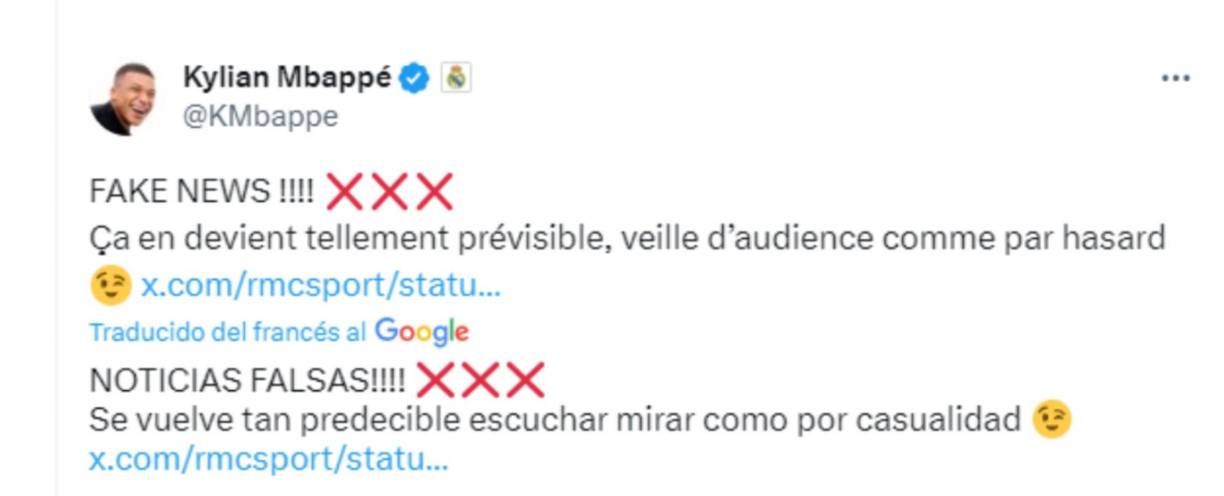 “FAKE NEWS!!! Ya se convierte en previsible, como por casualidad en la víspera de la audiencia”, alertó en X la estrella del Real Madrid, en un mensaje que concluía con el emoticono del guiño de ojo.
