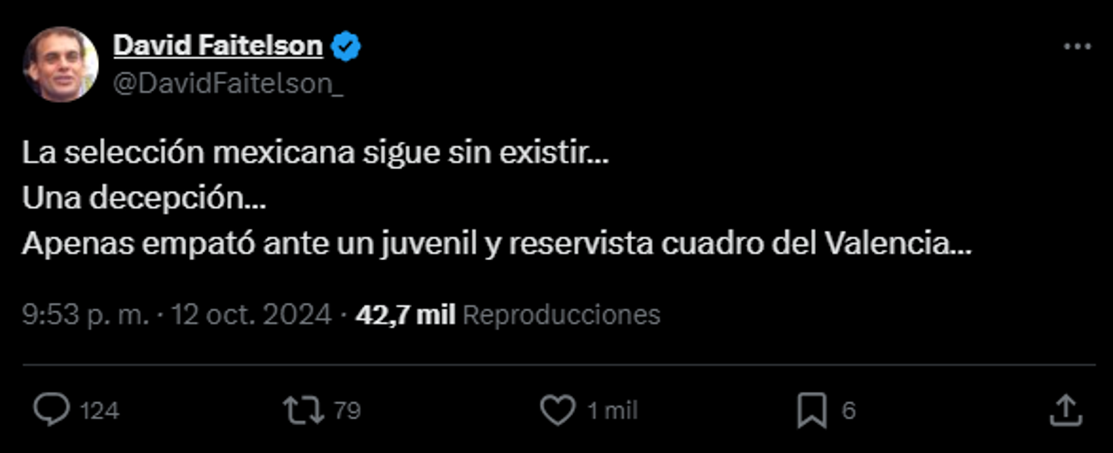 David Faitelson no perdonó a México tras el empate: “La selección mexicana sigue sin existir... Una decepción... Apenas empató ante un juvenil y reservista cuadro del Valencia...”