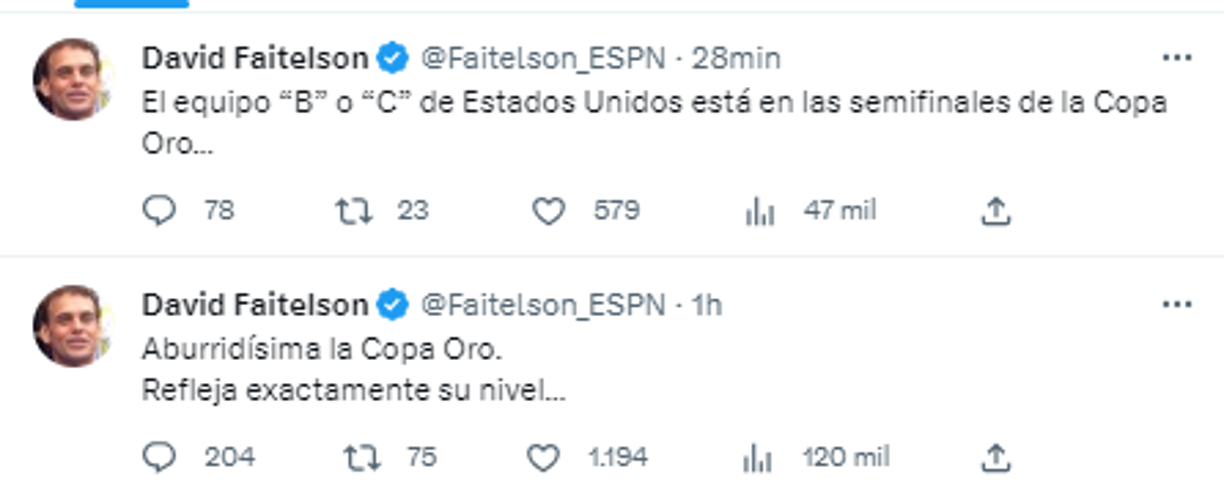 David Faitelson: “El equipo”B “ o”C “ de Estados Unidos está en las semifinales de la Copa Oro...” y previamente comentó: “Aburridísima la Copa Oro, refleja exactamente su nivel”: