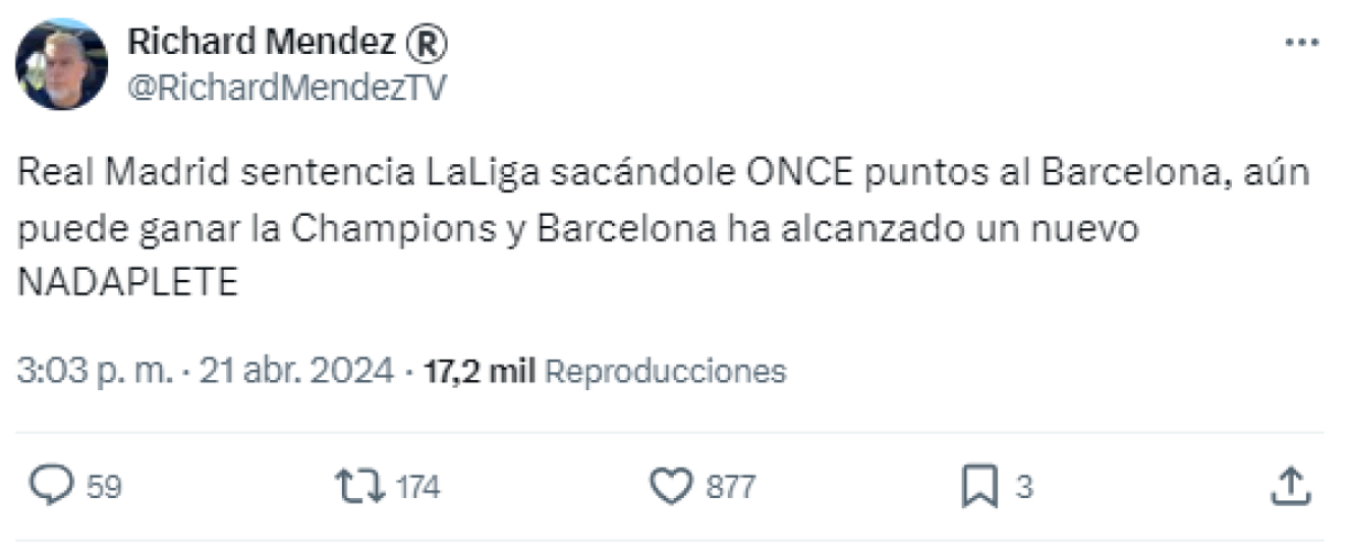 El periodista Richard Méndez de ESPN se burló del Barcelona al señalar que han alcanzado un nuevo “Nadaplete”.