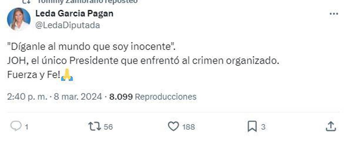 9. Leda García Pagán, diputada por Cortés, citó lo que dijo Juan Orlando Hernández tras escuchar su sentencia condenatoria. 