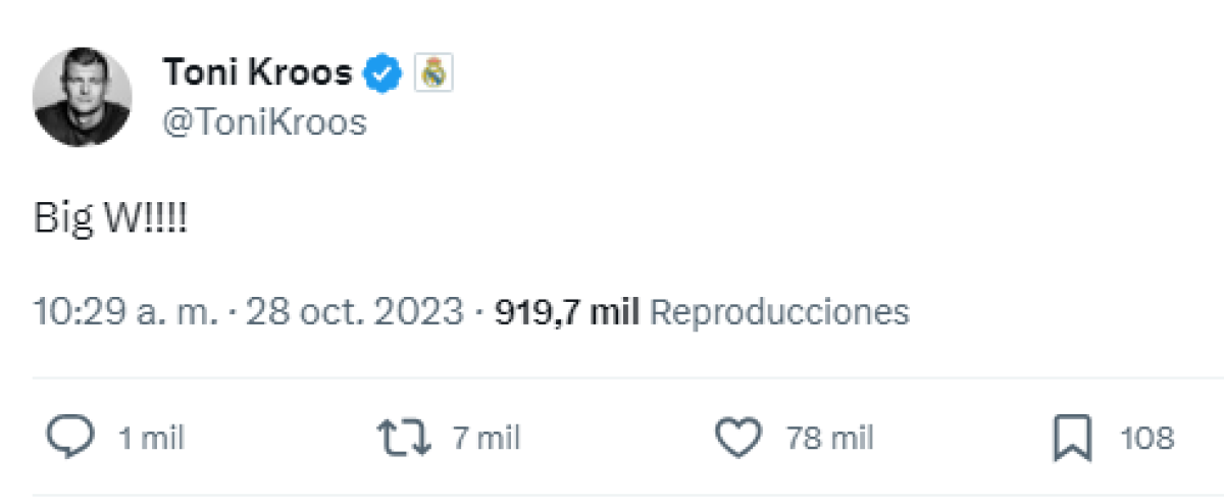 Toni Kroos fue breve y comentó: “Gran triunfo”. El alemán salió de cambio en el segundo tiempo del clásico ante el Barcelona por Luka Modric. 