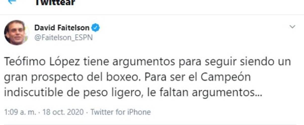 Faitelson expresó que a Teófimo le faltan argumentos para llegar más lejos en el boxeo.